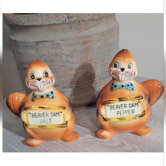 Vintage Salt and Pepper Beaver Dam Anthropomorphic Kitschy - Picture 1 of 4